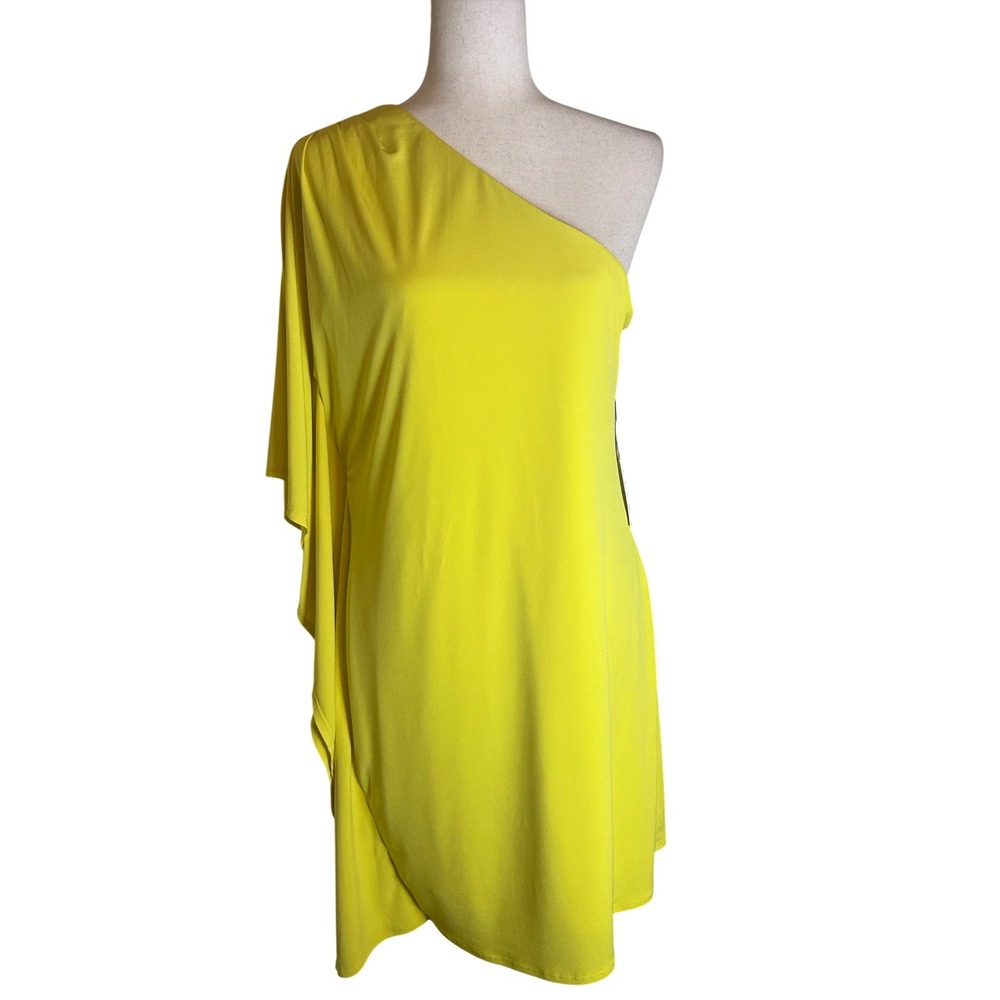 Calvin Klein One Shoulder Dress Women 12 Citron Yellow Drape Sleeve